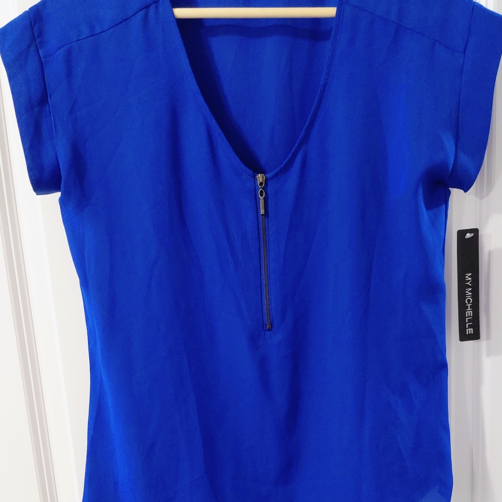 My Michelle Royal Blue V-Neck Short Sleeve Zip Front Top